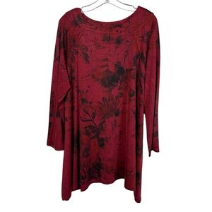 Jess & Jane Red Maroon Floral Slinky Knit Longline Tunic Length Top Plus Size 1X